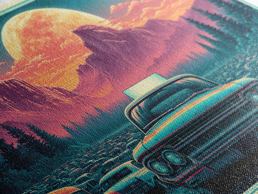 Drive in Movie Scene with Moonlit Cars Framed Canvas Print, Retro Art, Luxury Decor, Living Room Decor, Fine Art, Retro, RET-3x2-92