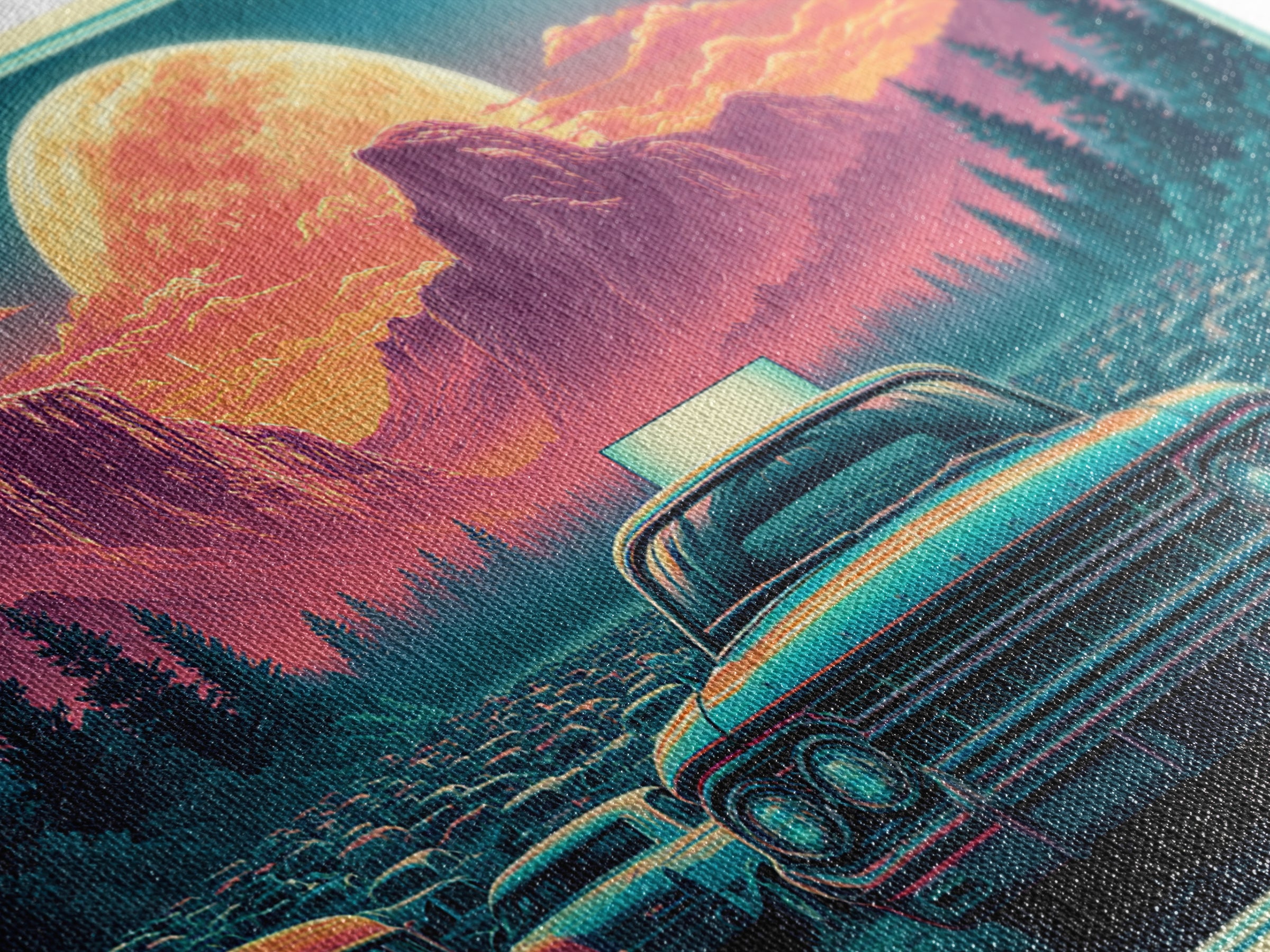 Drive in Movie Scene with Moonlit Cars Framed Canvas Print, Retro Art, Luxury Decor, Living Room Decor, Fine Art, Retro, RET-3x2-92