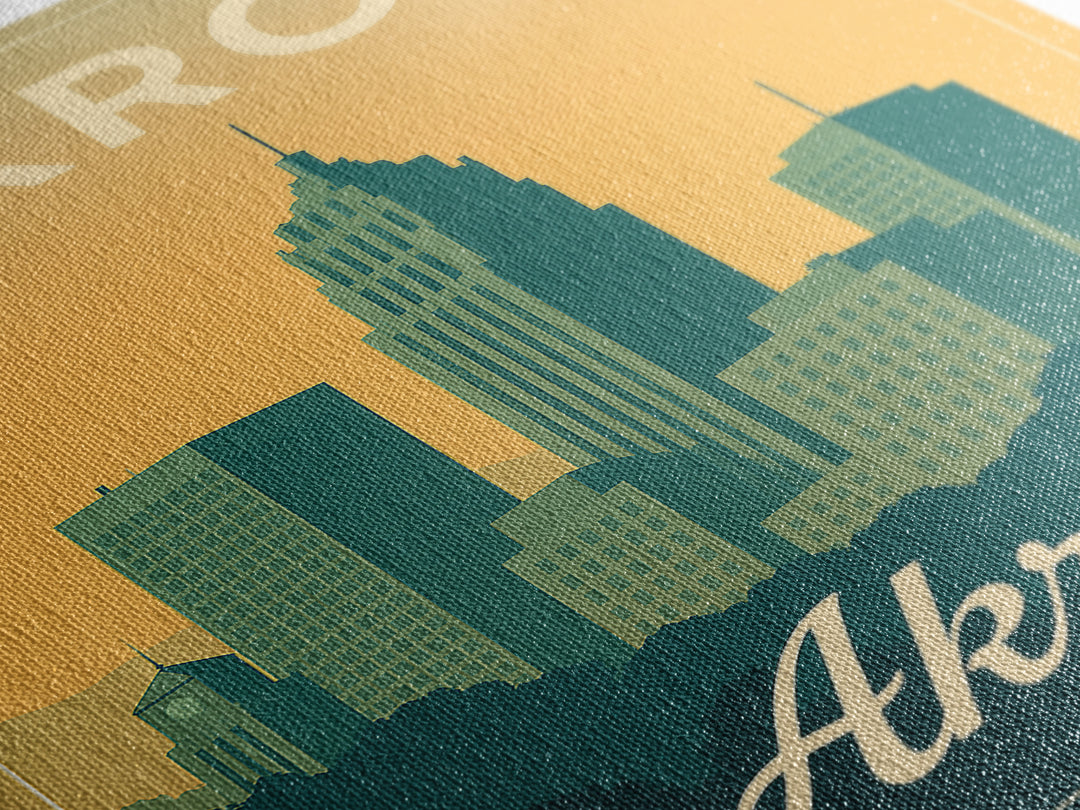 Akron Ohio Travel Poster, Canvas Print, Retro Sunset Skyline Art, Akron Travel Art, Fine Art Print, Mid Century Wall Art, Travel Decor