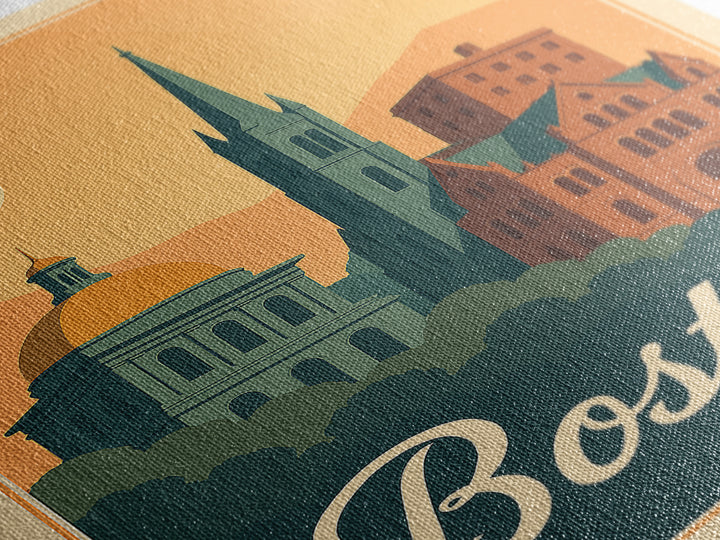 Boston Massachusetts Travel Poster, Framed Canvas Print, Retro Sunset Skyline Art, Boston Art Print, Mid Century Wall Art, City Illustration