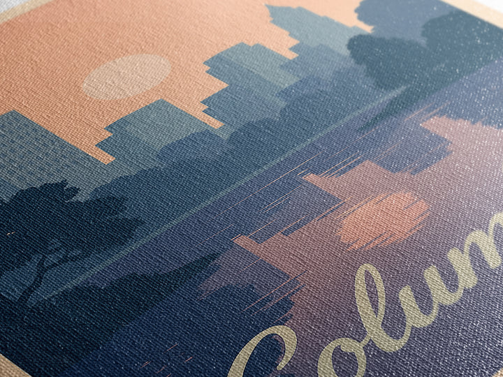 Columbus Travel Poster, Framed Canvas Print, Retro Sunset Skyline Art, Columbus Wall Art, Modern Wall Decor, Retro Travel Print