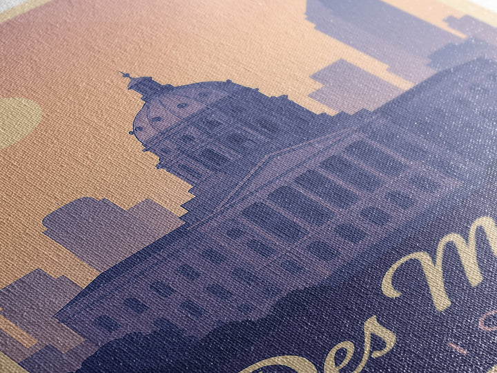 Des Moines Travel Poster, Framed Canvas Print, Retro Sunset Skyline Art, Des Moines Art Print, Vintage Travel Art, City Art Print