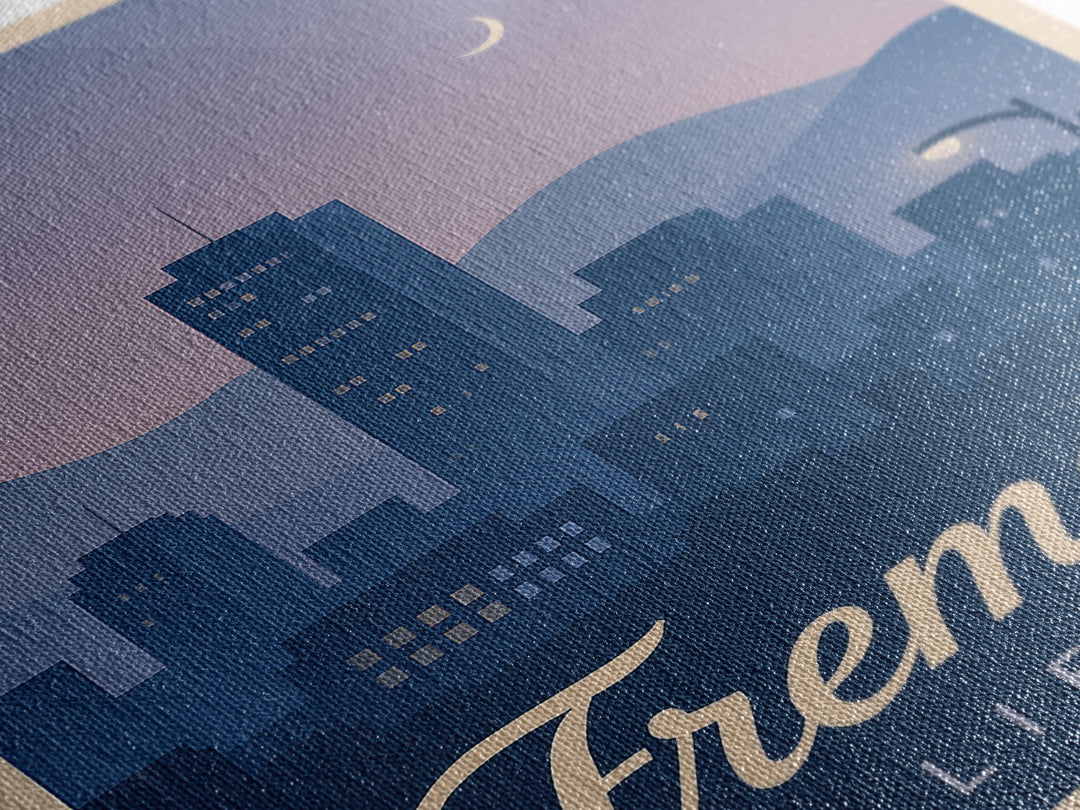 Fremont Travel Poster, Canvas Print, Retro Sunset Skyline Art, Fremont Poster Print, Mid Century Wall Art, Fine Art Print, Travel Wall Art