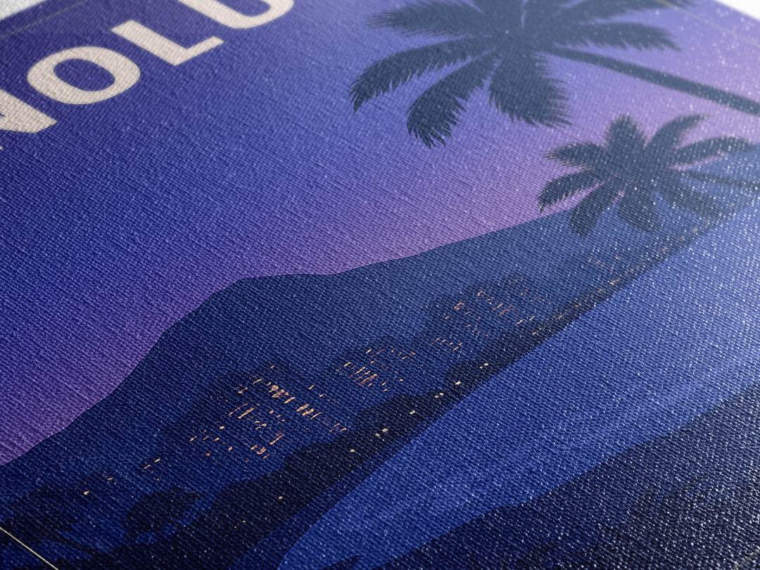 Honolulu Hawaii Travel Poster, Canvas Print, Retro Sunset Skyline Art, Honolulu Wall Art, Mid Century Wall Art, Living Room Wall Art