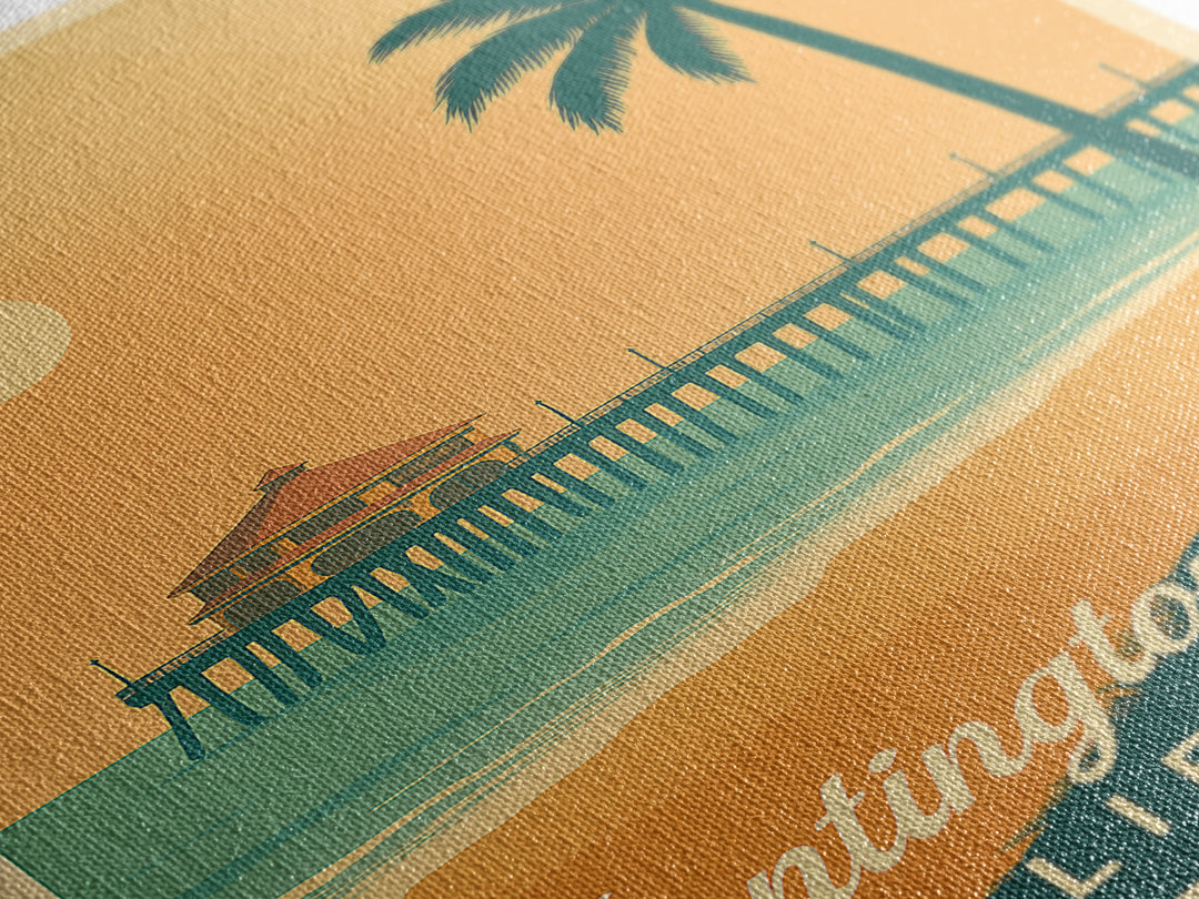 Huntington Beach California Travel Poster, Canvas Print, Retro Sunset Skyline Art, Huntington Beach City Art, Art Print, City Travel Prints
