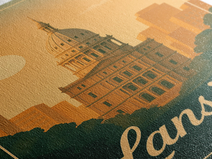 Lansing Michigan Travel Poster, Canvas Print, Classic Poster Art, Lansing City Art, City Illustration, Office Decor, Mid Century Wall Art
