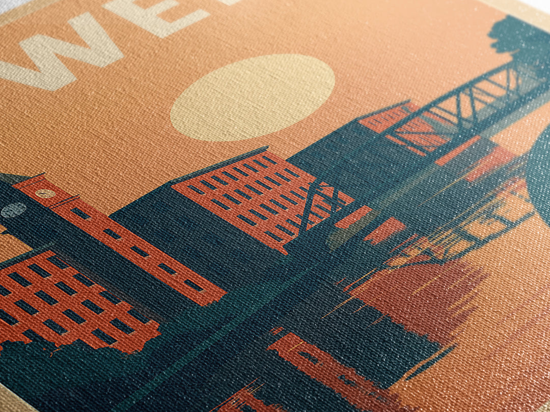 Lowell Travel Poster, Canvas Print, Retro Sunset Skyline Art, Lowell Art Print, Gift For Travelers, Mid Century Wall Art, Travel Art Print