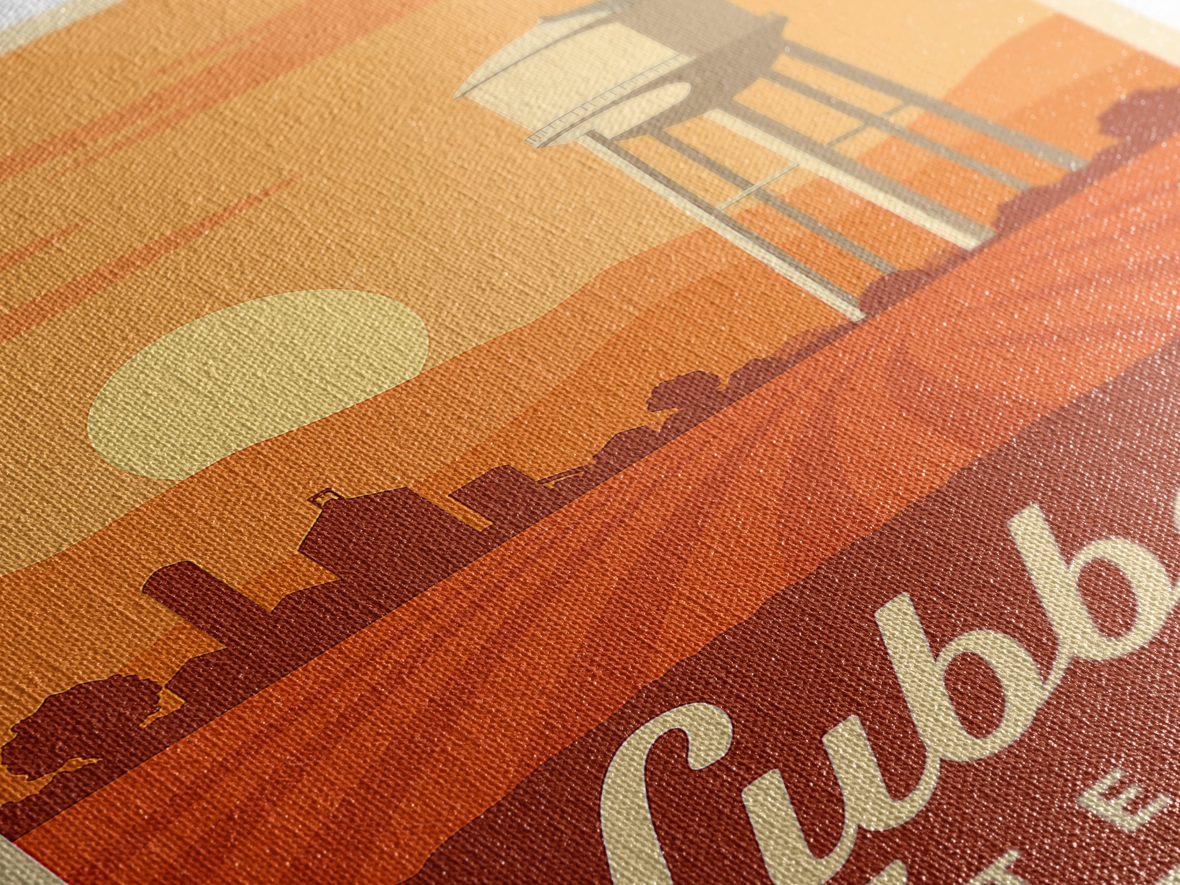 Lubbock Texas Travel Poster, Framed Canvas Print, Retro Sunset Skyline Art, Lubbock Poster Print, Wanderlust Decor, Travel Poster Set