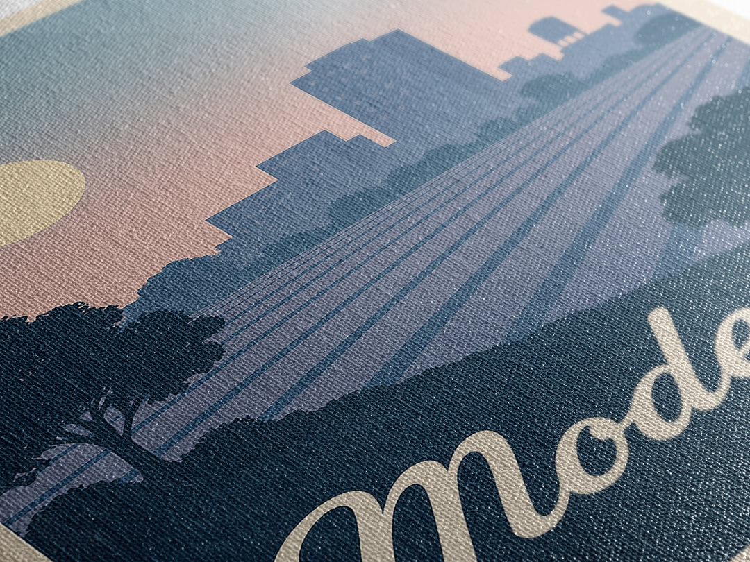 Modesto Travel Poster, Canvas Print, Mid Century City Wall Art, Modesto City Art, Modern Wall Decor, City Illustration, City Art Print