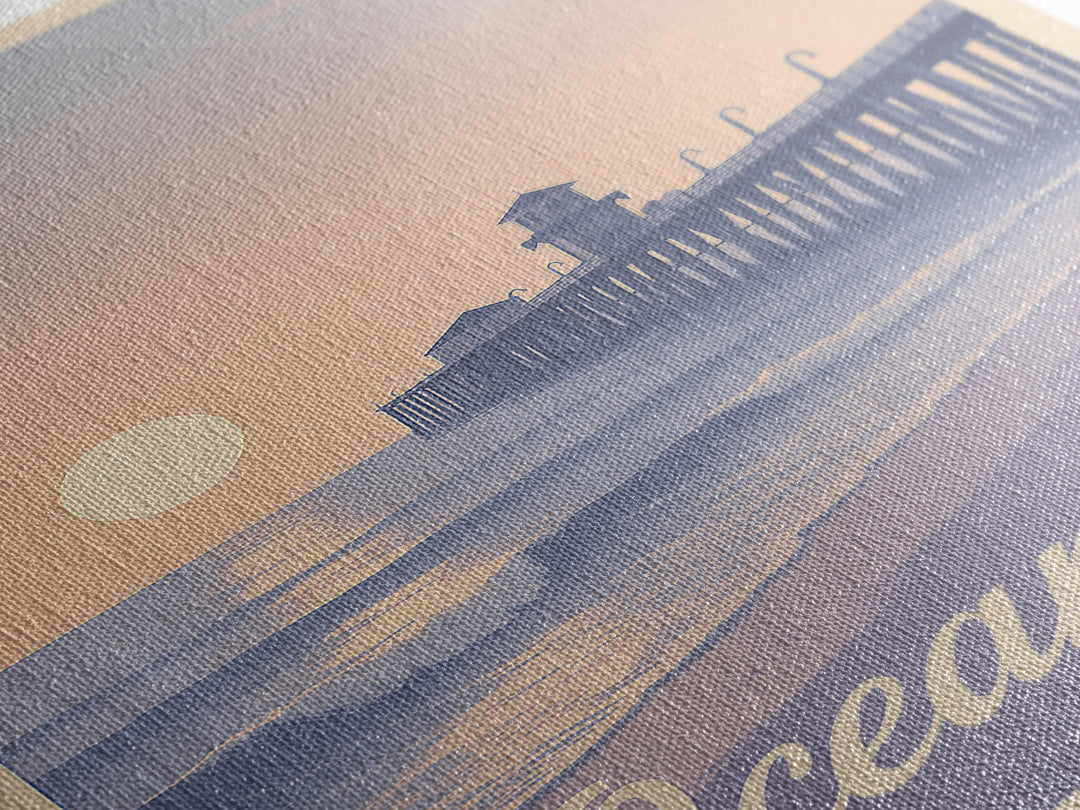 Oceanside Travel Poster, Canvas Print, Retro Sunset Skyline Art, Oceanside Wall Art, Retro Travel Print, Watercolor Skyline, Design 2