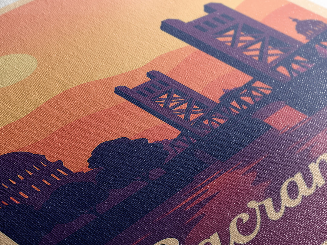 Sacramento California Travel Poster, Canvas Print, Retro Sunset Skyline Art, Sacramento Art Print, Wall Art, Mid Century Wall Art