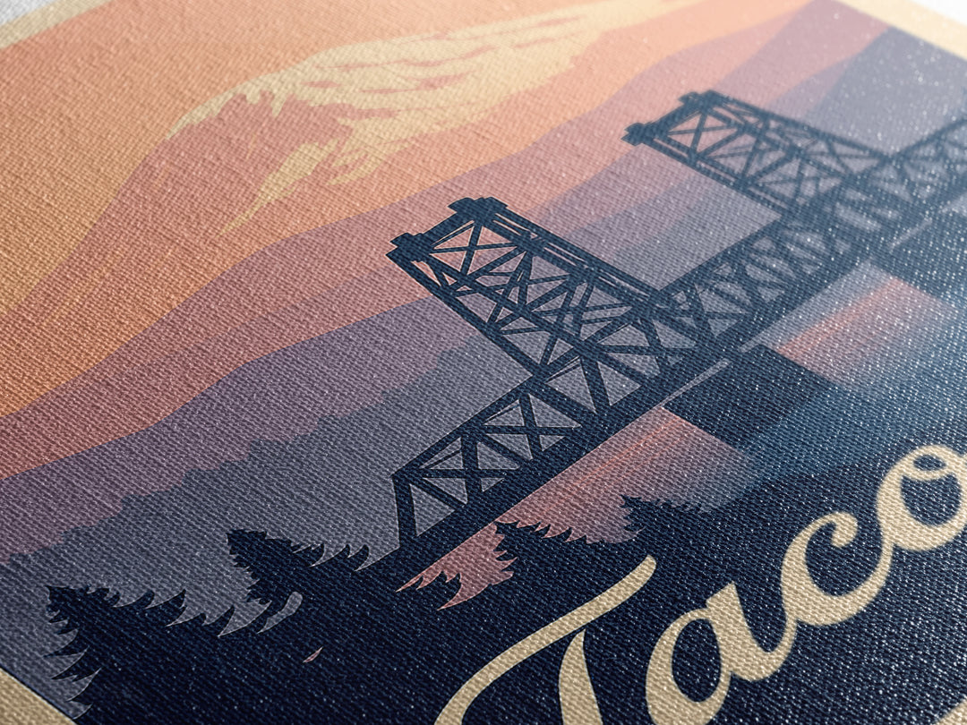 Tacoma Washington Travel Poster, Framed Canvas Print, Retro Sunset Skyline Art, Tacoma Poster Print, Eclectic Wall Decor, City Travel Prints