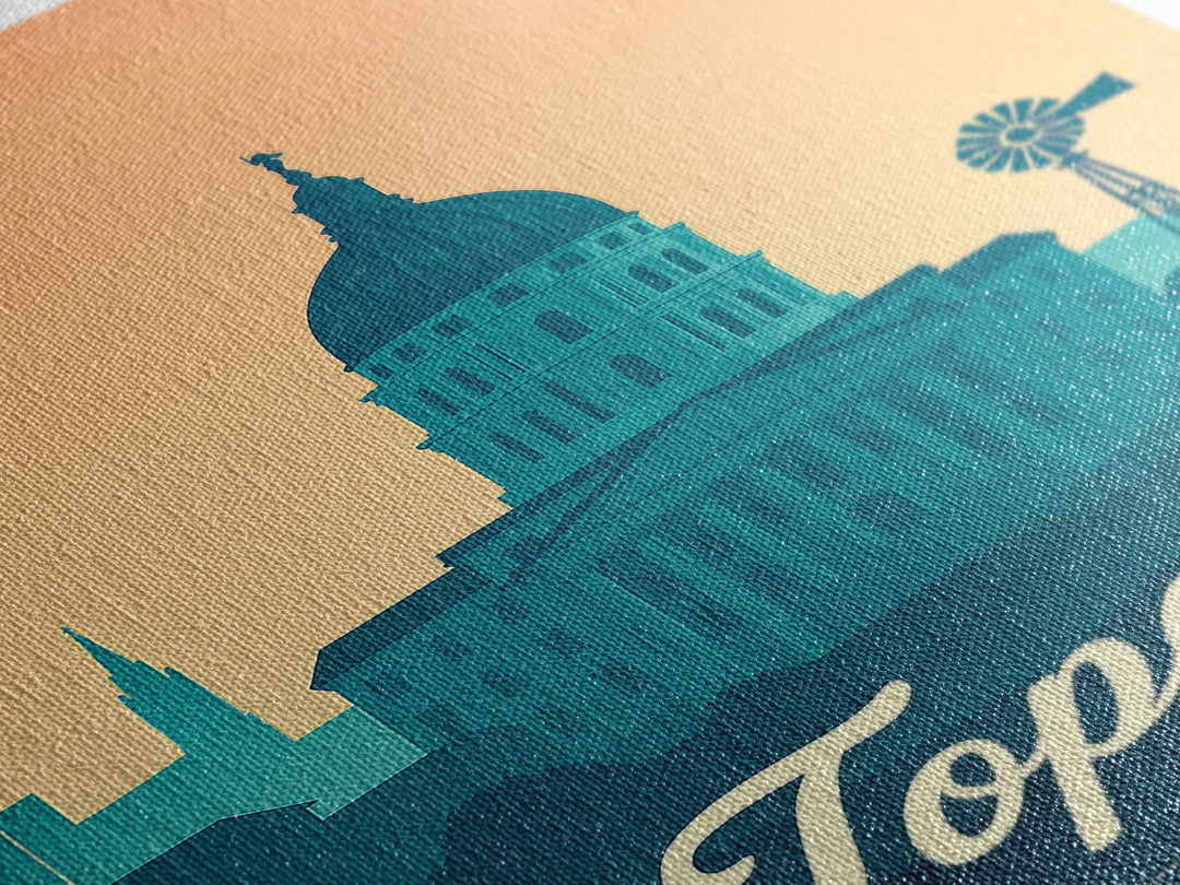 Topeka Kansas Travel Poster, Canvas Print, Retro Sunset Skyline Art, Topeka City Art, Gift For Travelers, Wall Art, Travel Art Print