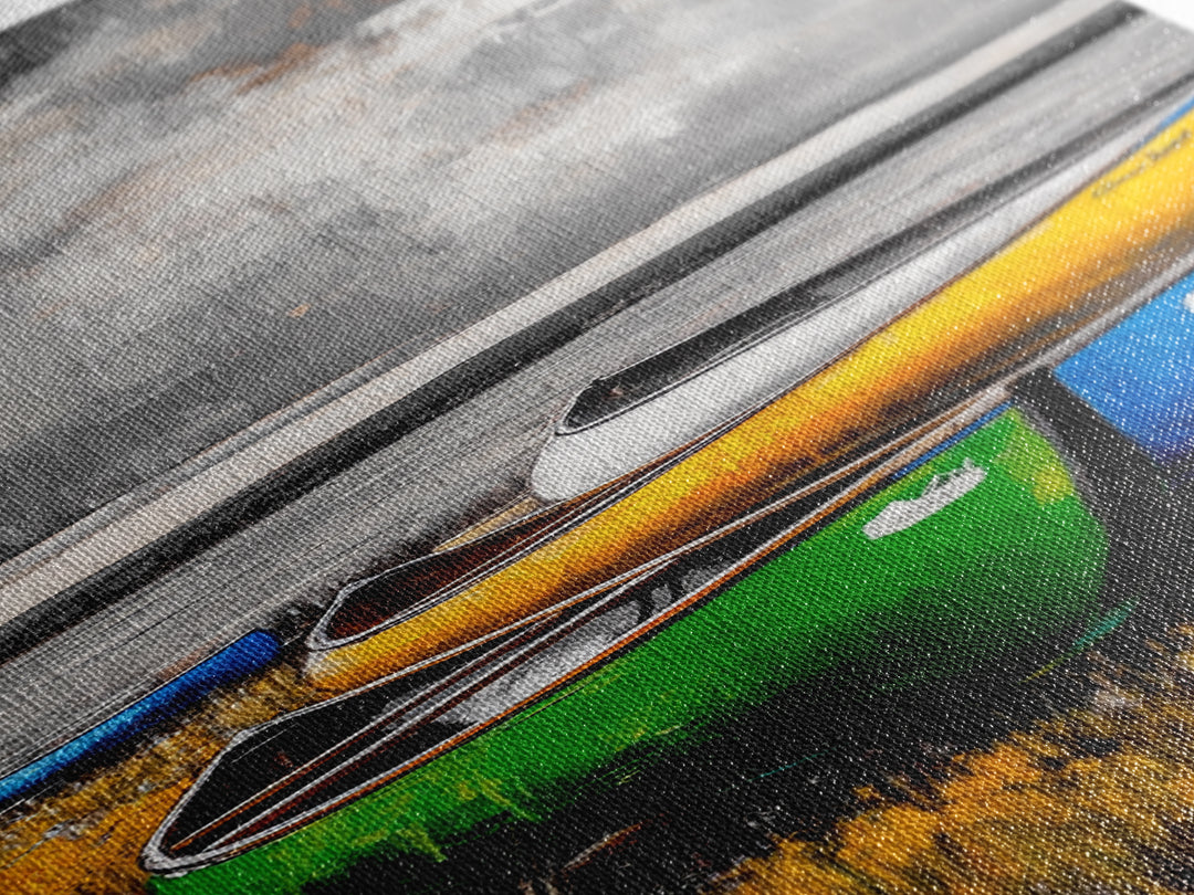 Abstract Canoe Painting Canvas Print Nautical Decor Rustic Wall Art Coastal Landscape Art Blue and Green Wall Art Tall Skinny Art