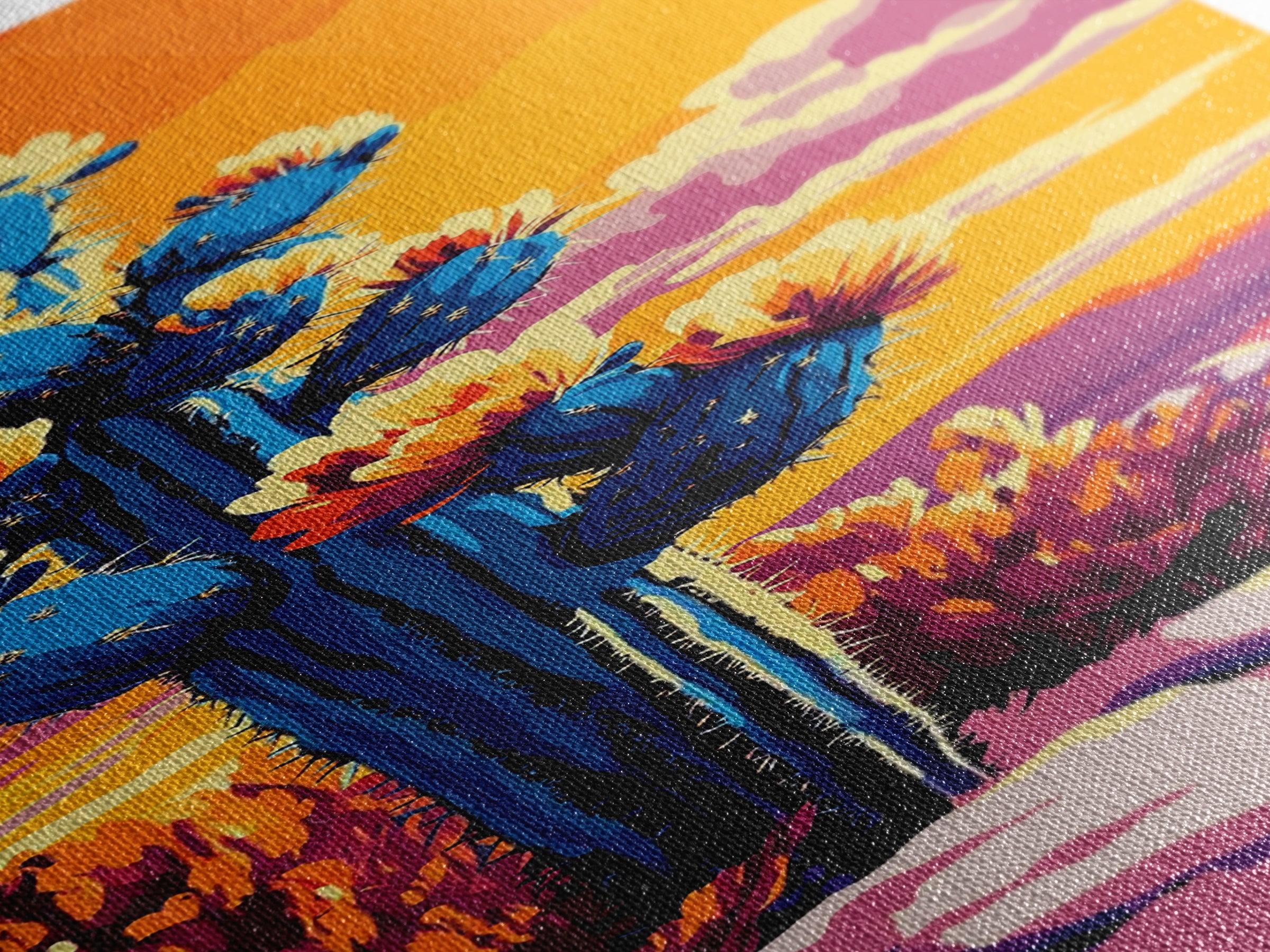 Blooming Cactus Sunset Canvas Print Southwest Wall Art Botanical Prints Vibrant Desert Painting Extra Wide Art