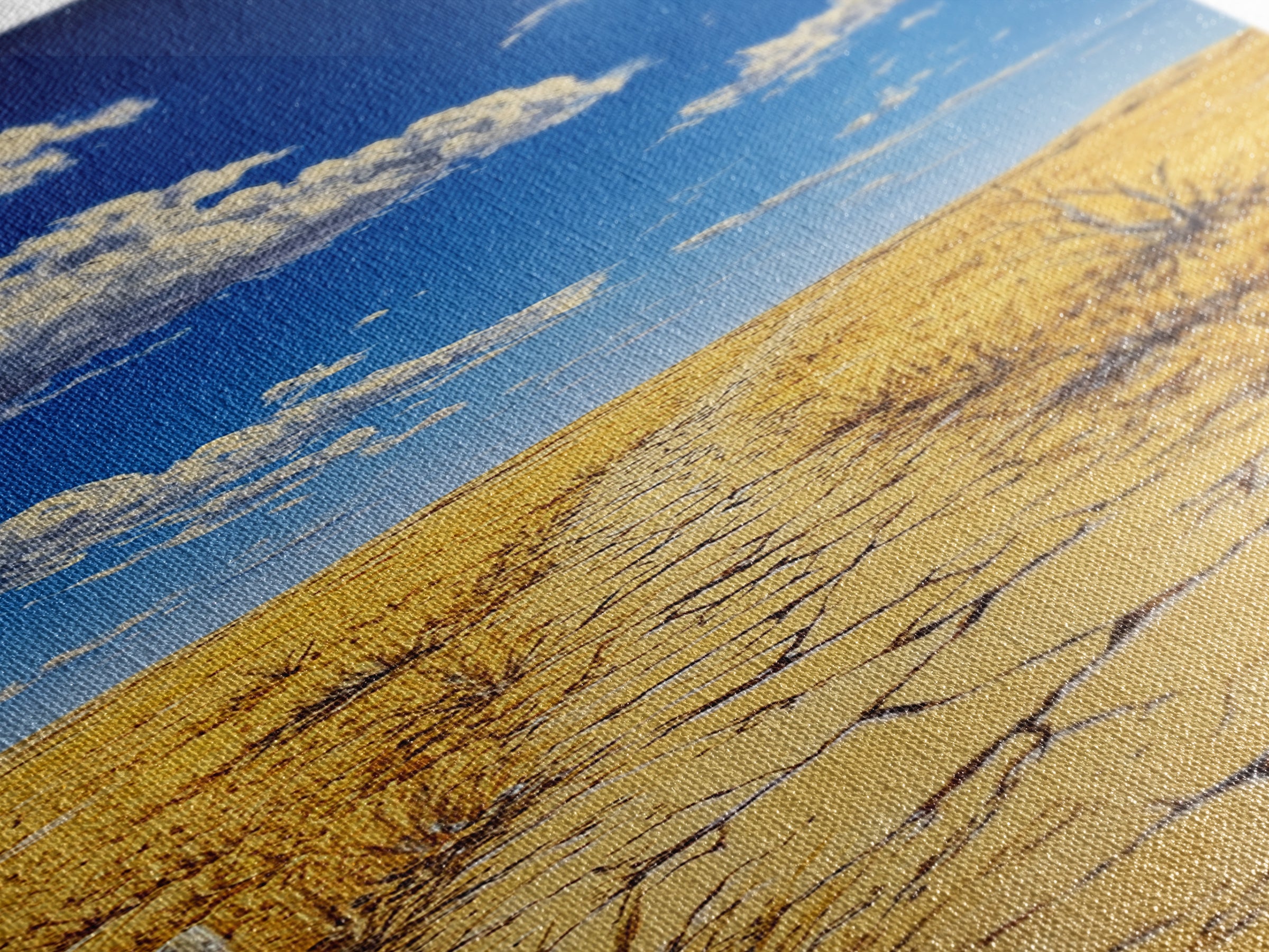 Golden Prairie Trail Framed Canvas Print rustic wall art, southwest wall art, landscape painting, farmhouse art, extra wide art, panoramic painting, above sofa art, wabi sabi art, Joshua tree art