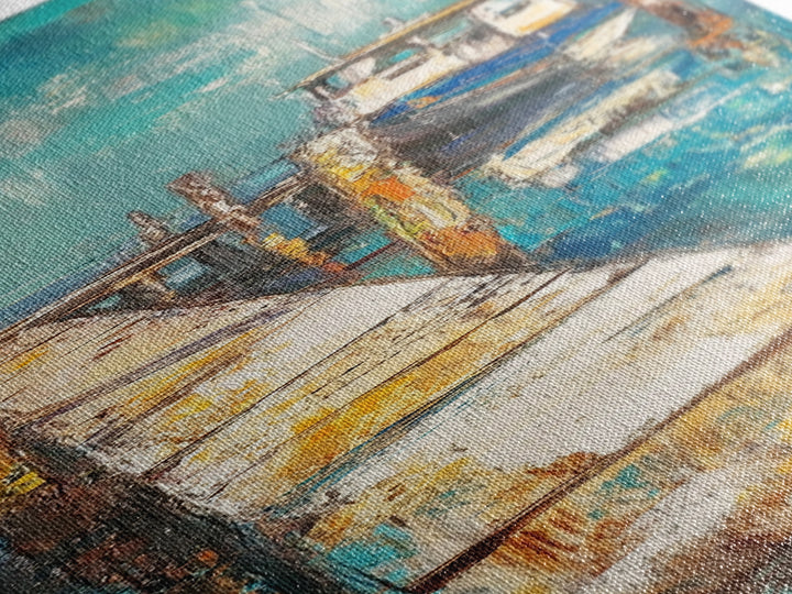 Coastal Dock Painting Canvas Print, Nautical Wall Art, Painting Morro Bay, Coastal Decor, Seascape Painting, Ocean Art, Rustic Art, Extra Wide Art, Farmhouse Art, Nautical Painting, Blue And Green Wall Art, Gift Idea, Bedroom Art