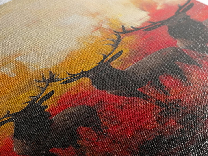 Autumn Deer Painting Framed Canvas Print deer drinking water in forest painting rustic wall art woodland decor fall farmhouse art gift idea