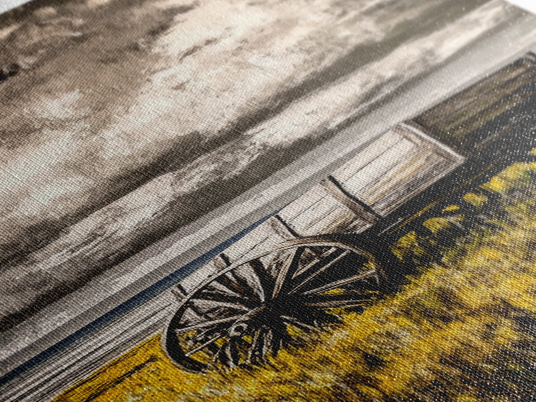 Black and White Wagon Canvas Print farmhouse art, rustic wall art, barn landscape oil painting, extra wide art, southwest wall art