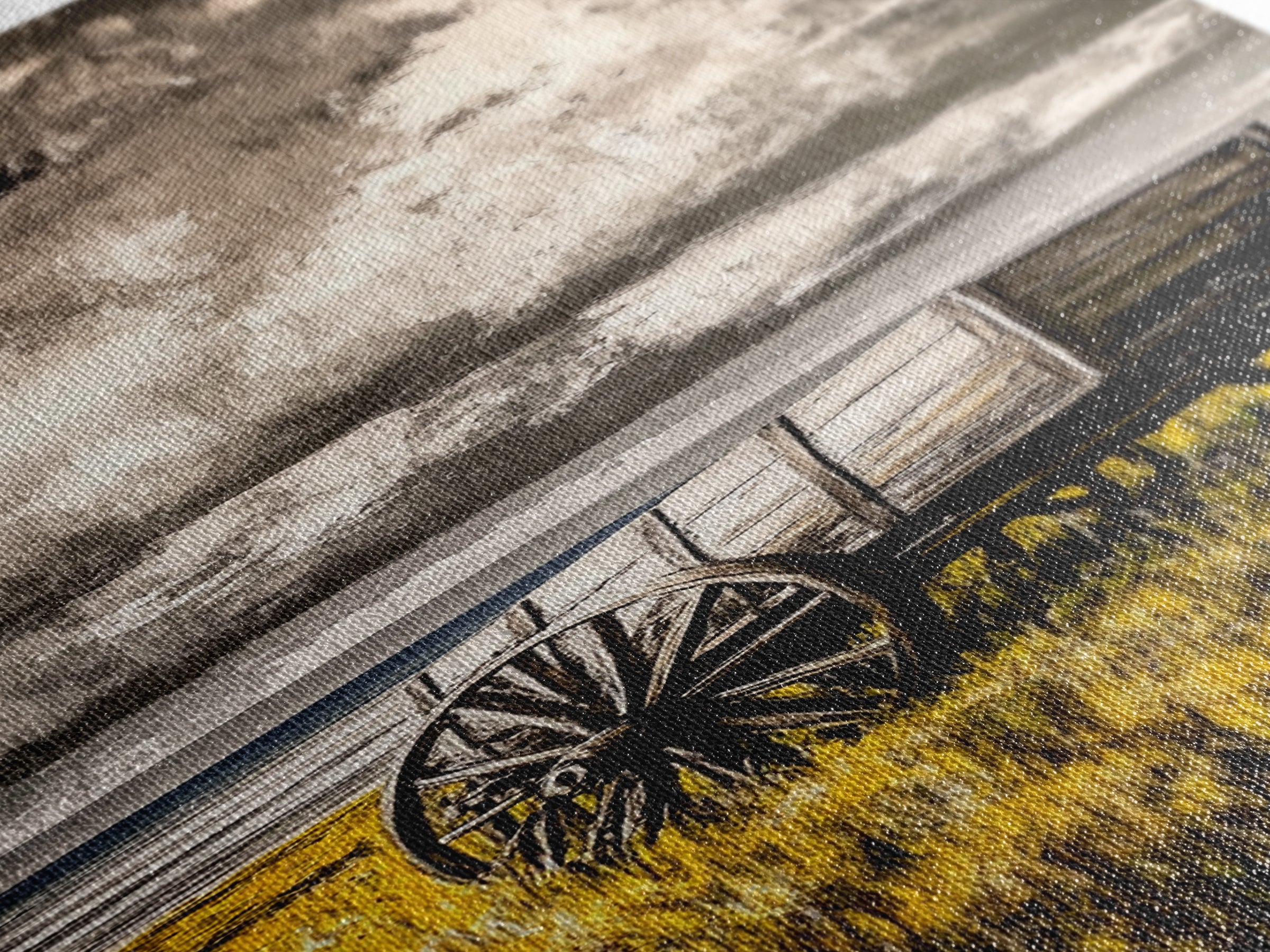 Black and White Wagon Canvas Print farmhouse art, rustic wall art, barn landscape oil painting, extra wide art, southwest wall art