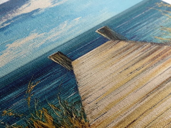 Coastal Dock Painting Framed Canvas Print, Nautical Decor, Coastal Landscape Art, Seascape Painting, Blue and Green Wall Art, Bedroom Art