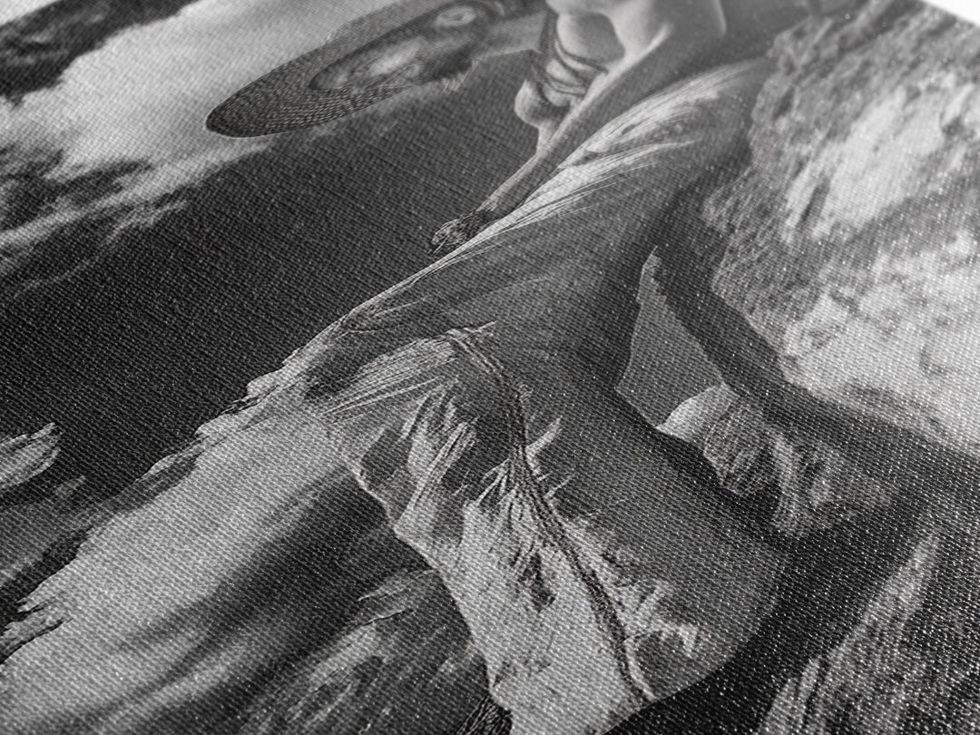 Bohemian Man, Clifftop Reflection, Framed Canvas Print, Coastal Cowgirl Wall Art, Rustic Décor, Boho Art, Minimalist Art