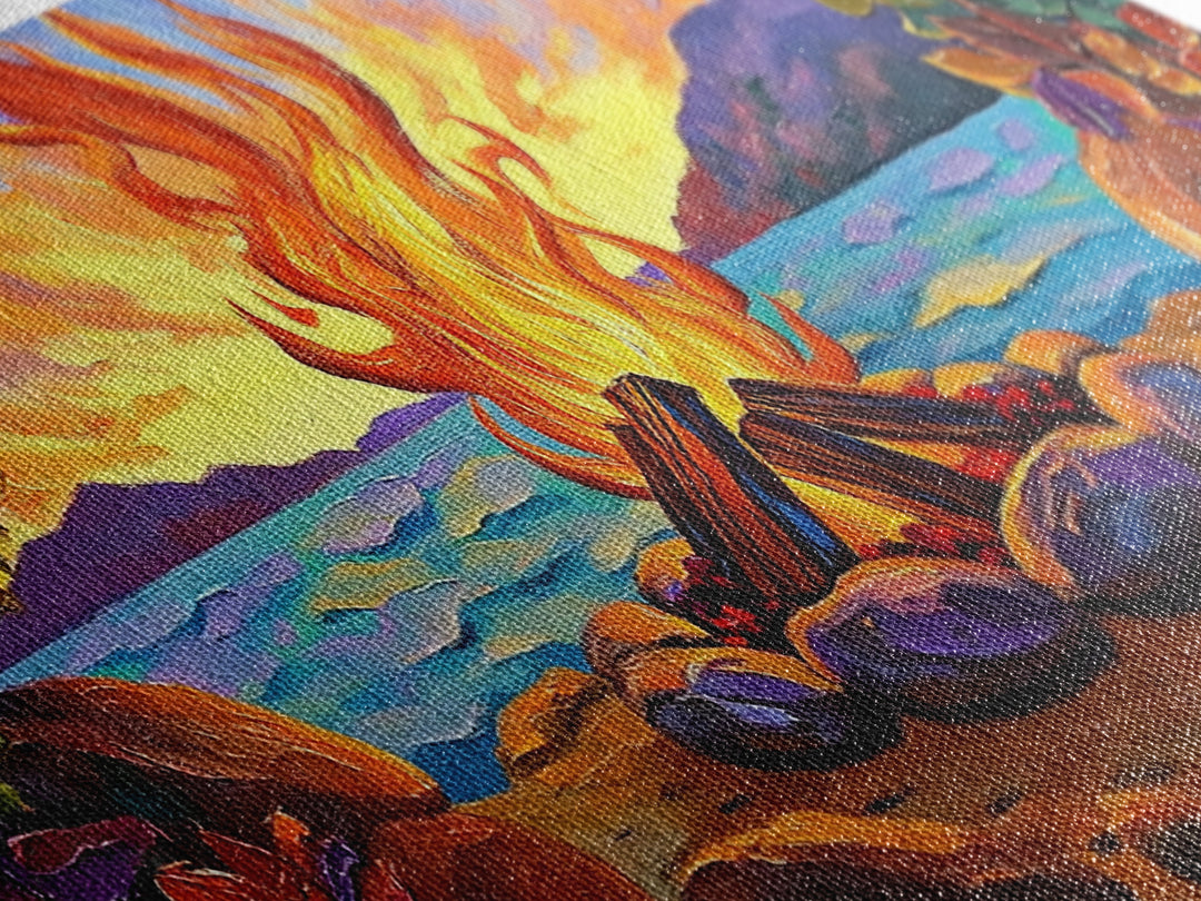 Campfire by Lake, bonfire painting, rustic wall art, mountain painting, framed canvas print, above sofa art, cozy night decor