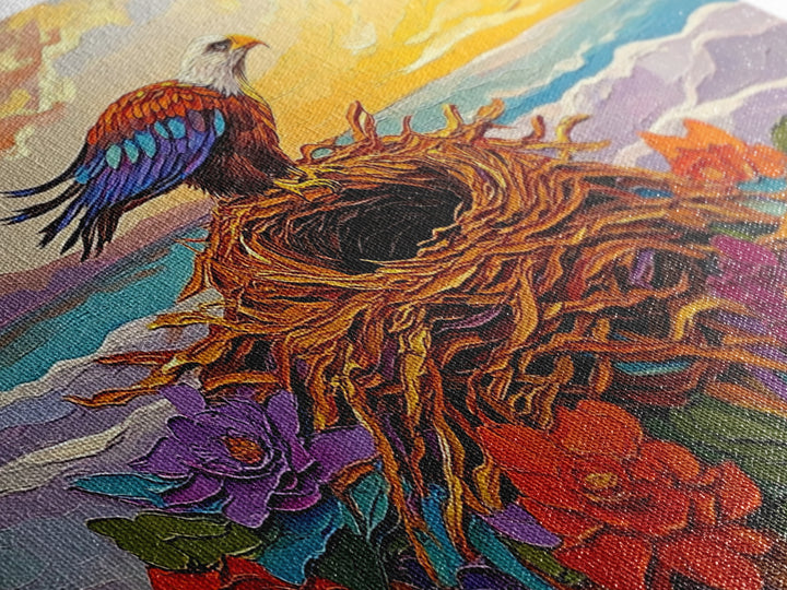 Bald Eagle Nest, bird art, mountain painting, moody art, southwest wall art, patriotic decor, nature art, Framed Canvas Print