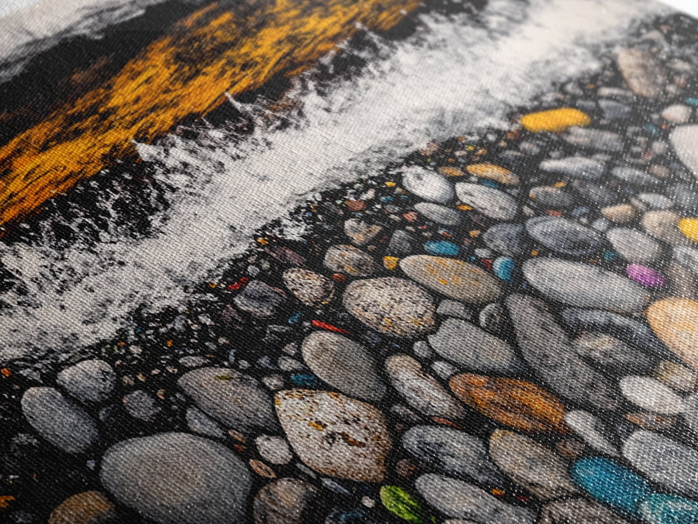 Pebble Beach, coastal landscape art, wabi sabi art, rustic decor, moody art, panoramic painting, seascape painting, Framed Canvas Print, zen art