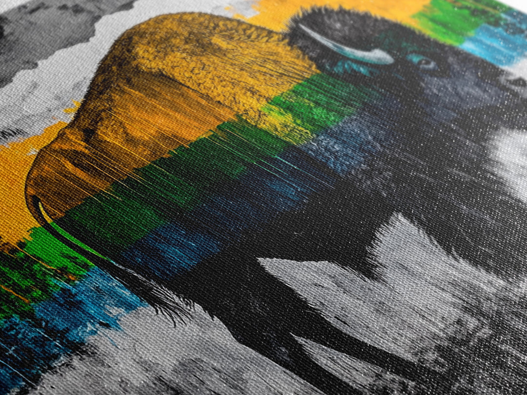 Bison, rustic wall art, mountain painting, western decor, wildlife art, Joshua tree art, extra wide art, Framed Canvas Print, moody art