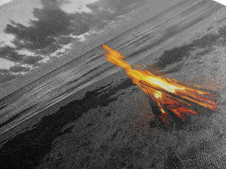 Campfire on Beach Framed Canvas Print | Seascape Painting | Coastal Wall Art | Moody Art | Rustic Decor | Extra Wide Art | Nautical Painting