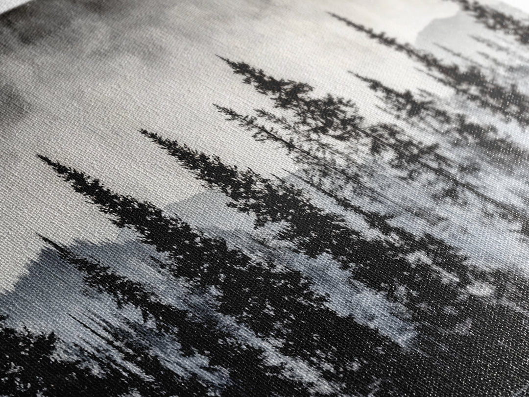 Pine Tree Forest, Moody Landscape Painting, Black and White Wall Art, Nature Wall Art, Extra Wide Art, Framed Canvas Print, Rustic Decor