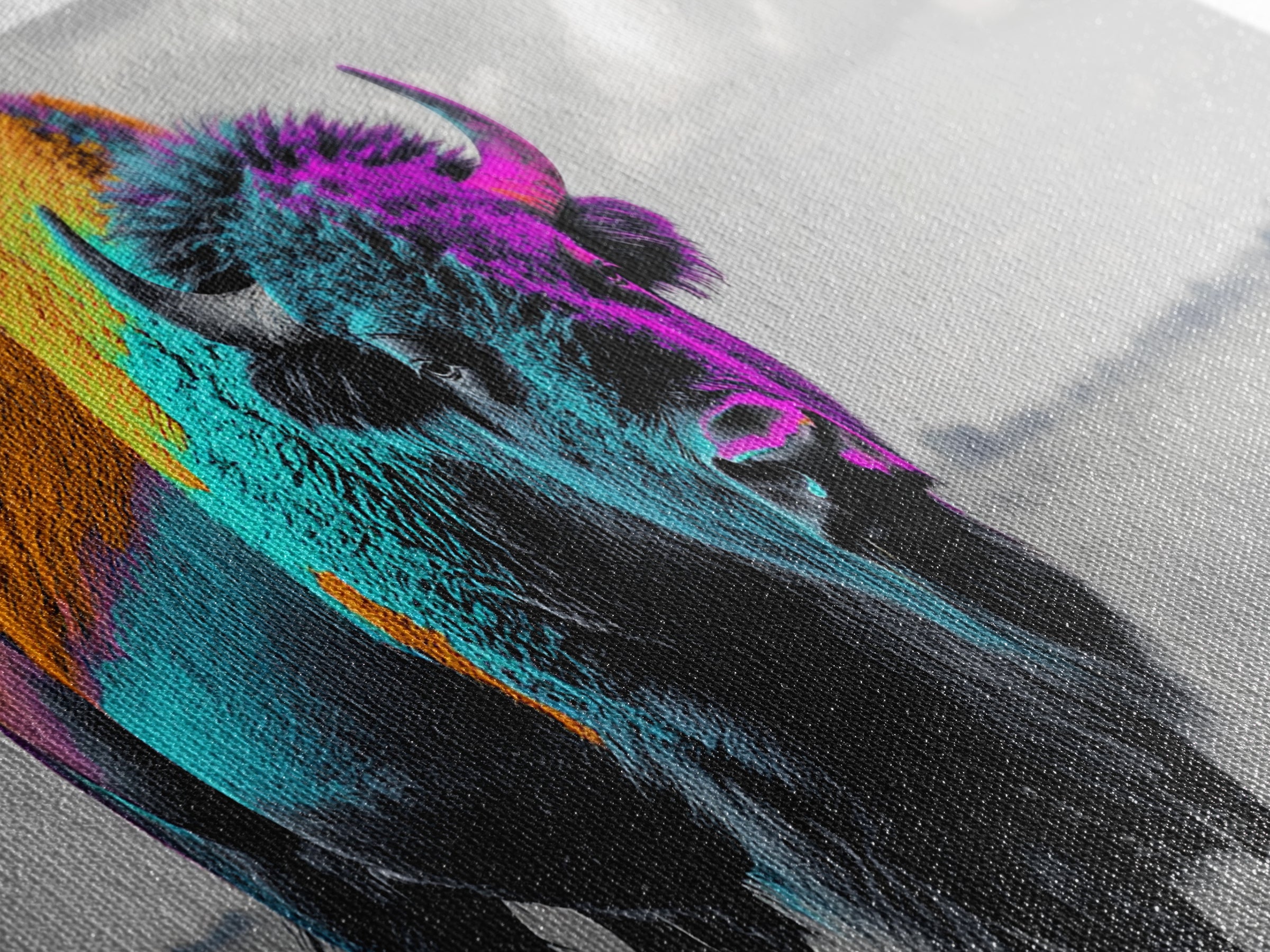Neon Buffalo Portrait Canvas Print | Western Wall Art | Afrocentric Art | Moody Art | Rustic Decor | Southwest Art | Extra Wide Art.