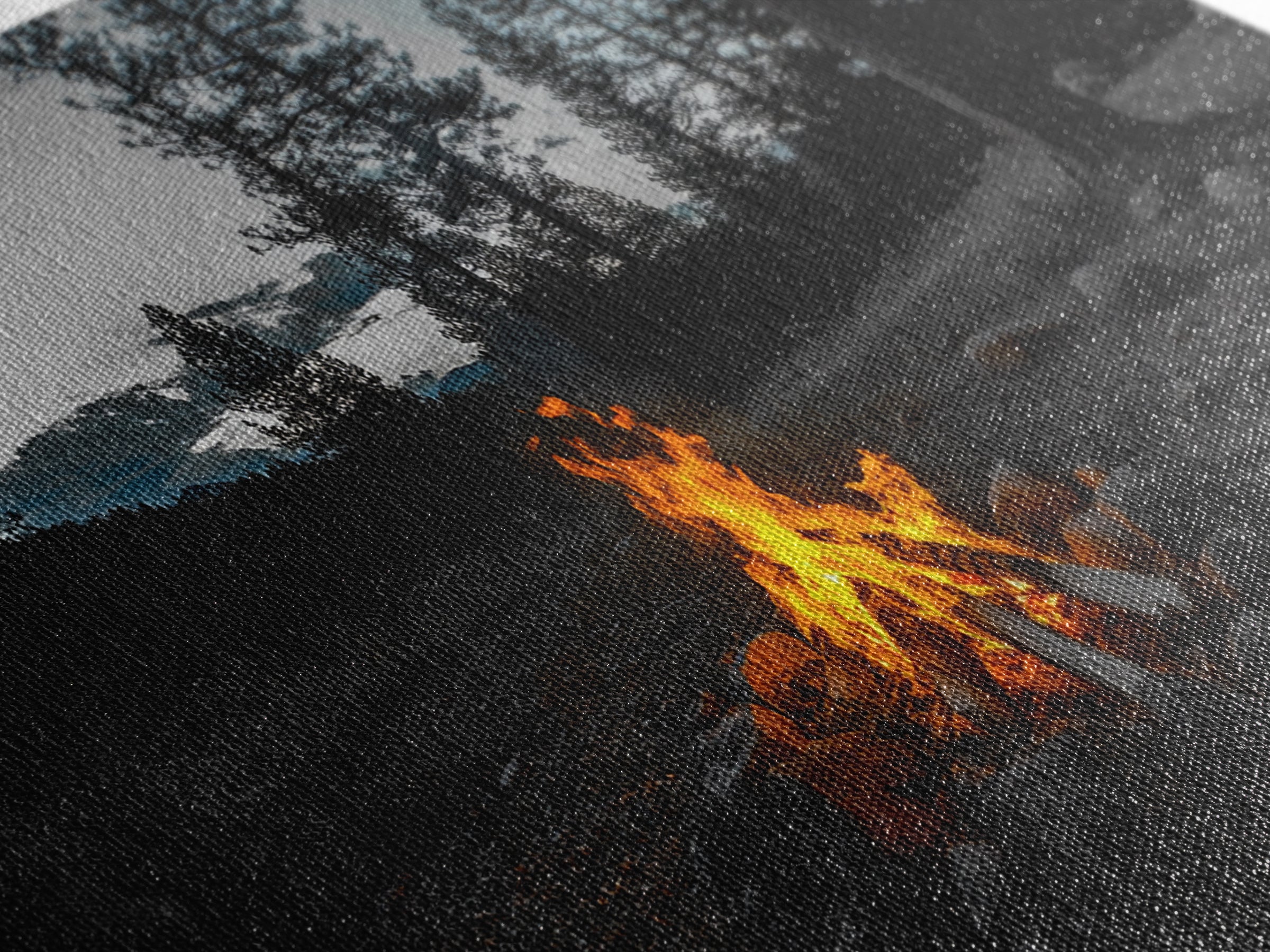 Campfire Under Pine Trees Canvas Print | Forest at Dusk Painting | Rustic Wall Art | Moody Landscape Art | Above Sofa Art | Extra Wide Art