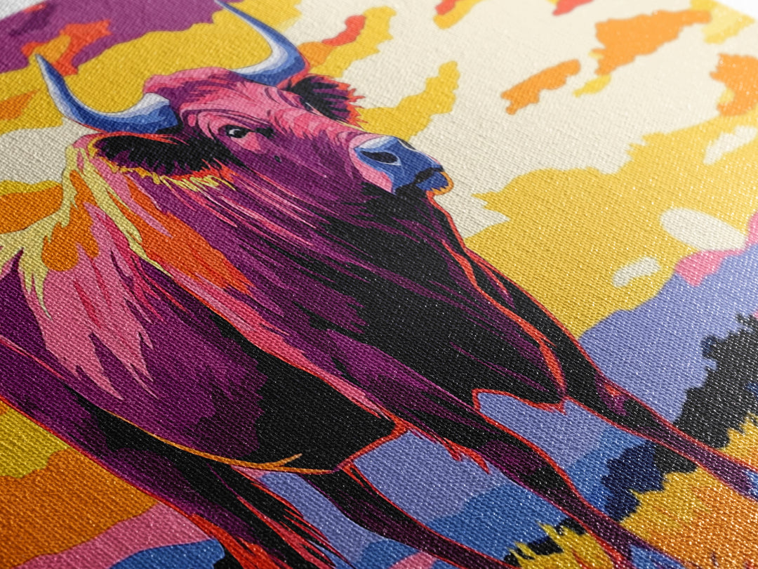 Bull Sunset, bull and bear art, rustic wall art, farmhouse decor, sunset painting, moody art, framed canvas print