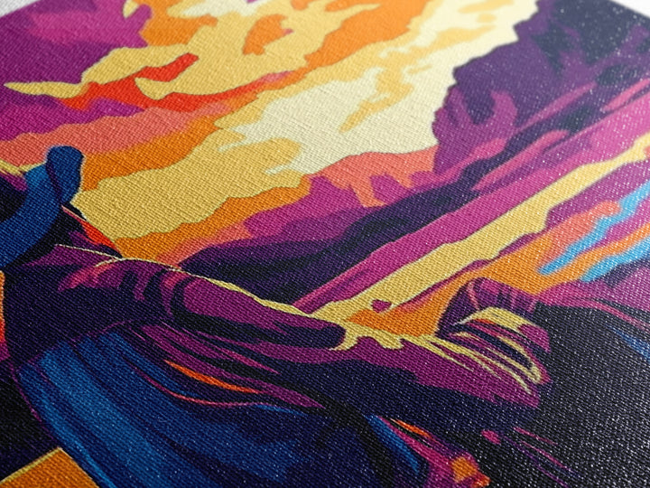 Cowboy Sunset, western art, landscape painting, rustic decor, panoramic art, farmhouse art, Framed Canvas Print, gift idea, extra wide art