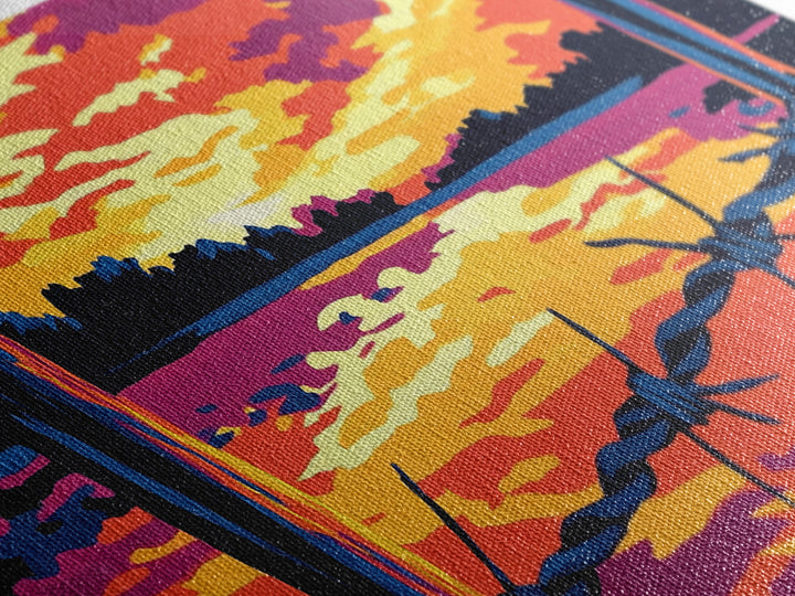 Barbed wire, rustic fence, cowboy art, sunset glow, farmhouse wall art, panoramic painting, western landscape, framed canvas print