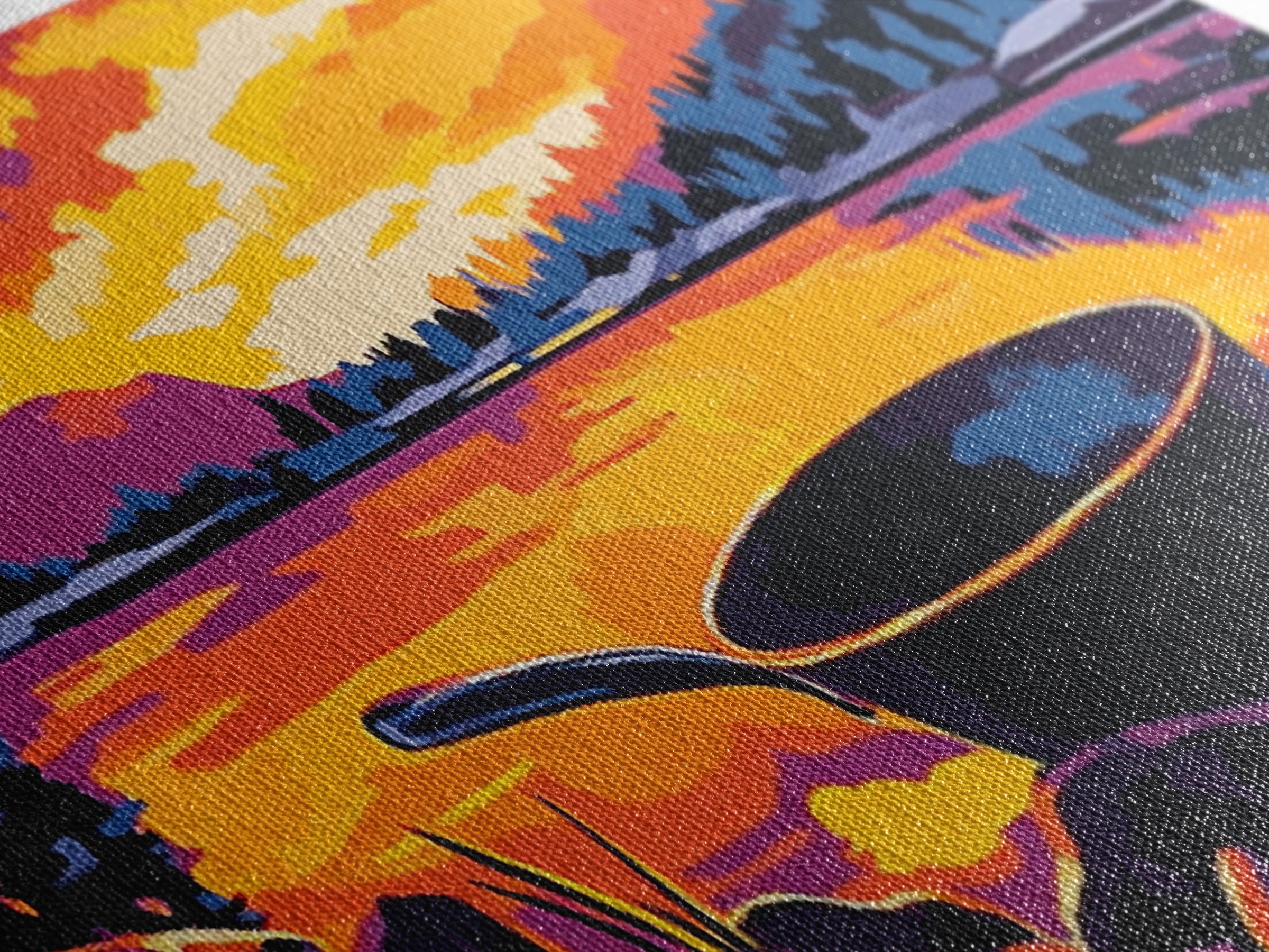 Cast iron pan, outdoor cooking, cowboy camping, rustic kitchen decor, lakeside sunset, nostalgic western art, framed canvas print