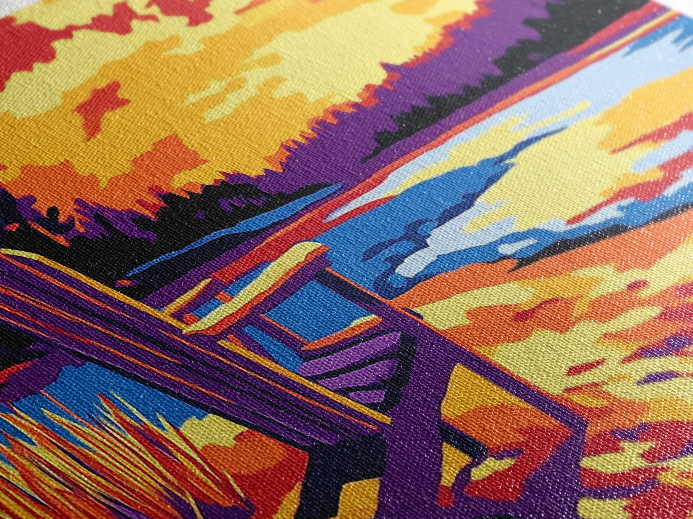 Adirondack chair, lake view, relaxing sunset, cabin art, rustic landscape, extra wide art, nature lover decor, canvas print