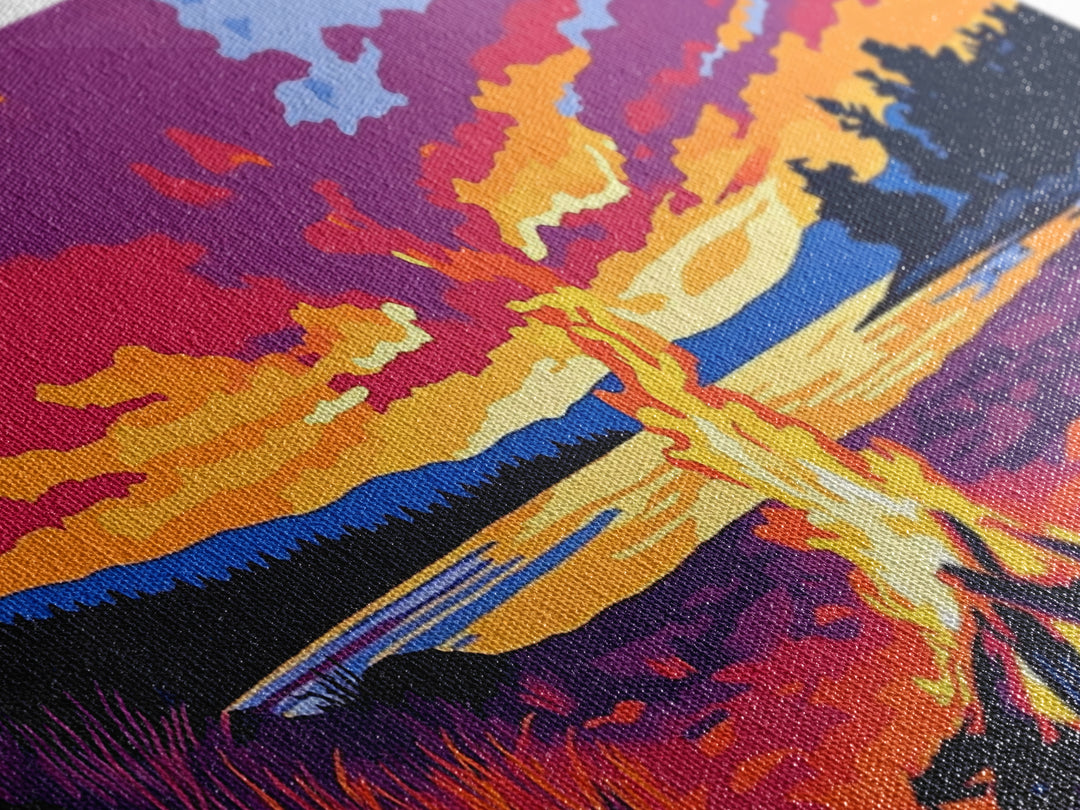 Bonfire, lakeside evening, autumn wall art, warm sunset painting, outdoor adventure art, extra wide art, framed canvas print