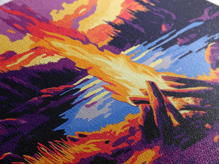 Campfire, lake sunset, rustic art, outdoor decor, cozy cabin wall art, smoky mountain art, framed canvas print, horizontal wall art