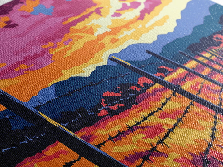 Barbed Fence, rustic art, country painting, extra wide art, farmhouse wall art, landscape painting, horizontal wall art, Framed Canvas Print