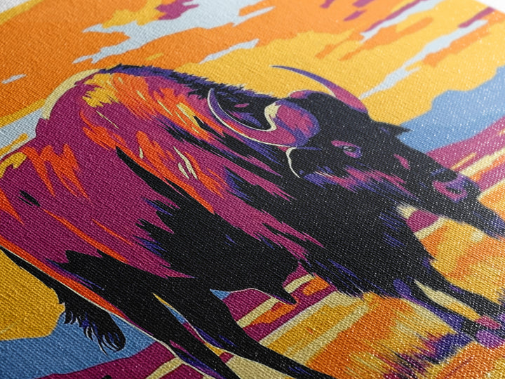 Bison Prairie, rustic art, southwest wall art, landscape painting, extra wide art, panoramic painting, farmhouse art, Framed Canvas Print