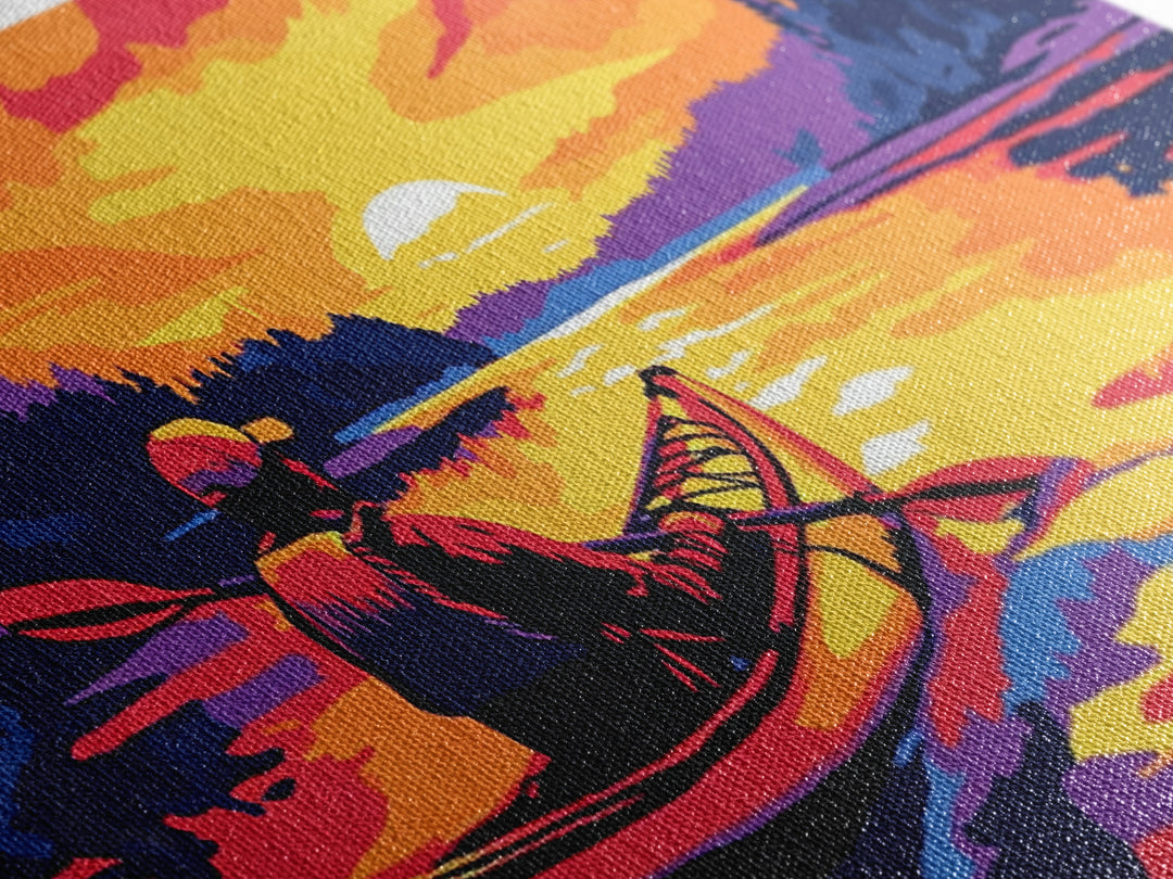 Kayaker at Sunset, fisherman painting, nautical painting, coastal landscape art, rustic decor, panoramic painting, canvas print