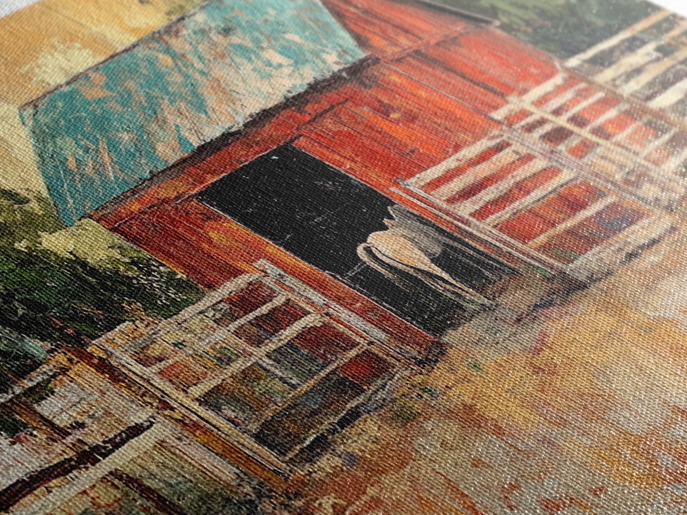 Rustic Barn Scene, barn landscape oil painting, western wall art, farmhouse decor, rural life painting, extra wide art, framed canvas print, wabi sabi art