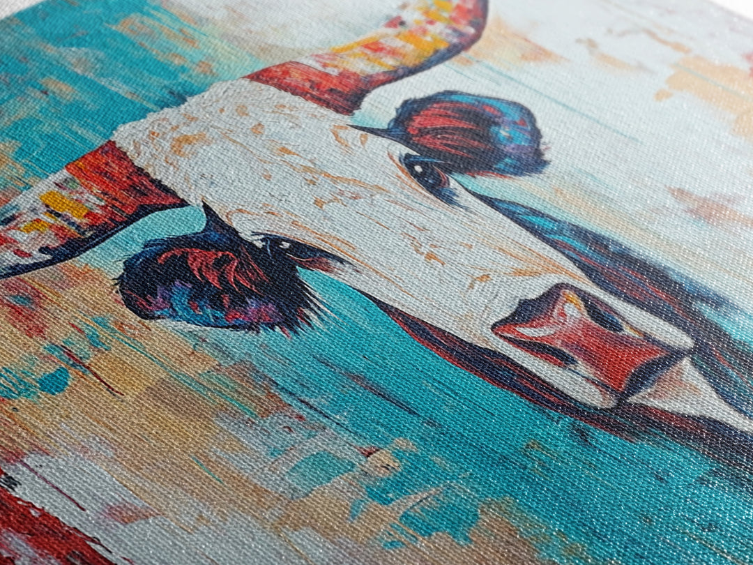 Colorful Longhorn Art, rustic wall art, farmhouse art, southwest wall art, bold animal painting, extra wide art, canvas print, wabi sabi art