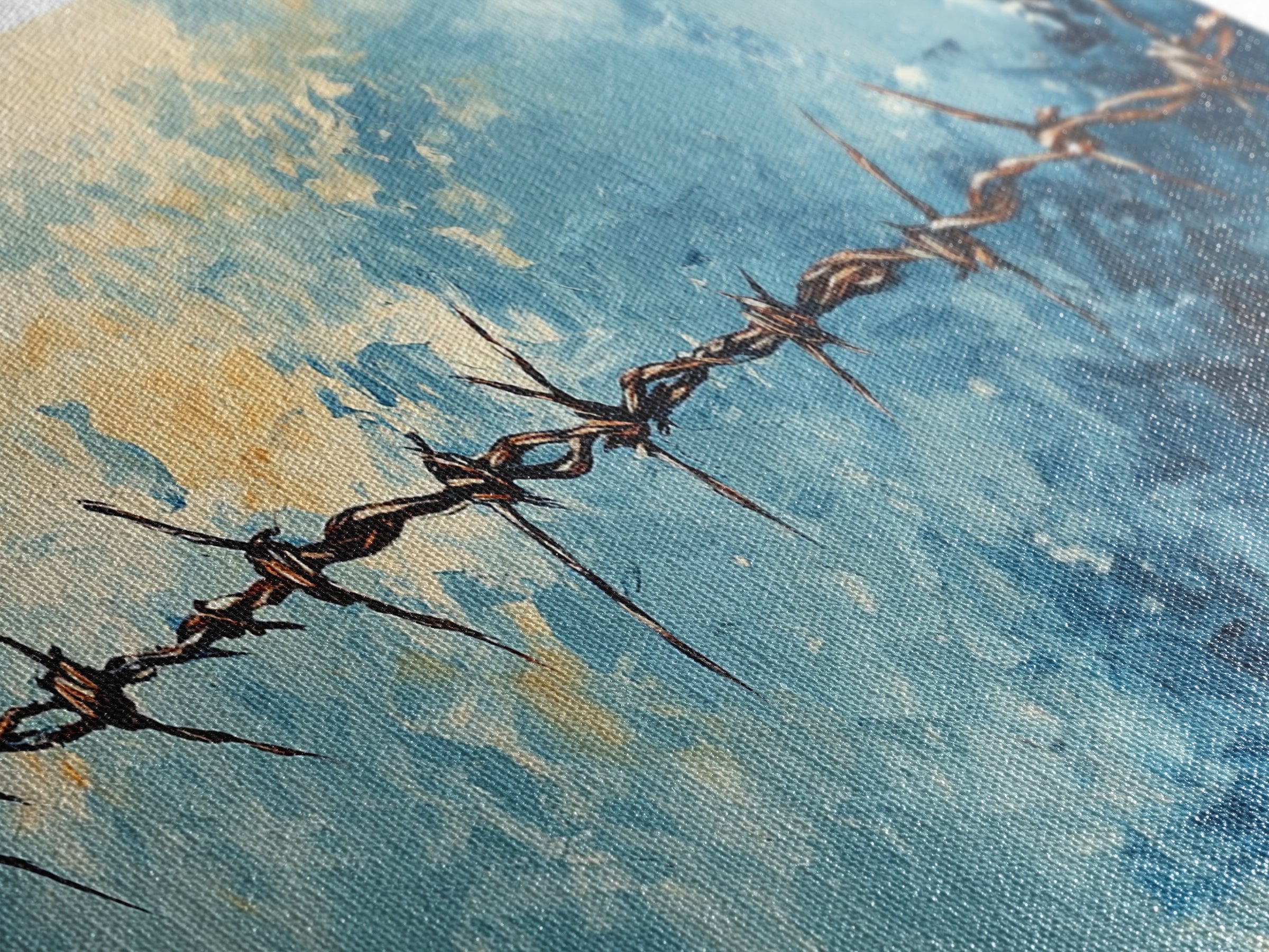 Barbed Wire, Rustic Wall Art, Southwest Art, Minimalist Art, Moody Painting, Extra Wide Art, Western Landscape Art, Framed Canvas Print