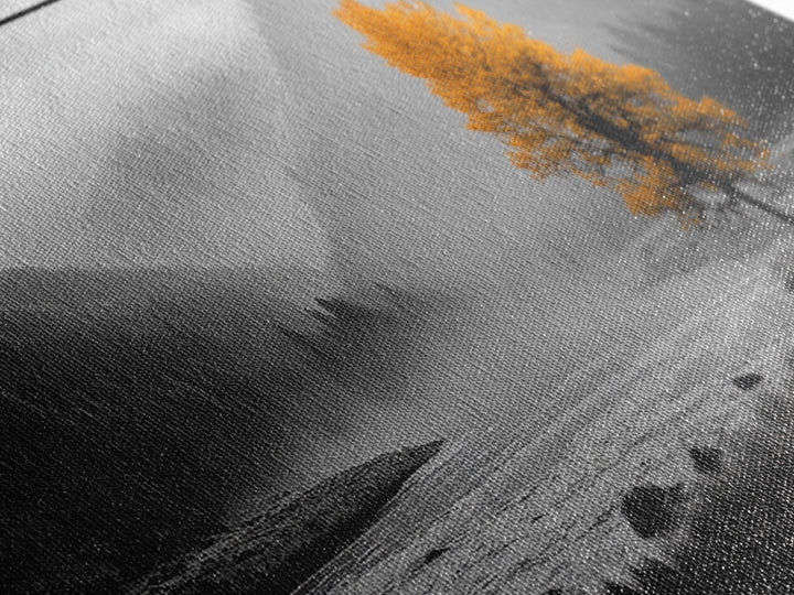 Autumn Tree in Fog, smoky mountain art, pine tree art, wabi sabi art, forest at dusk painting, fall wall art, rustic decor, Framed Canvas Print