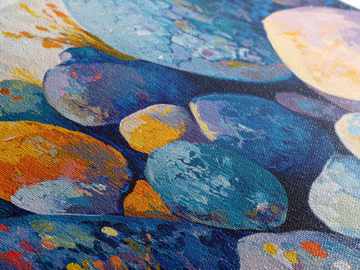 River Rocks, Whimsical Art, Mosaic Wall Art, Boho Art, Teal Wall Art, Nature Inspired Art, Abstract Landscape, Canvas Print, Gift Idea Her