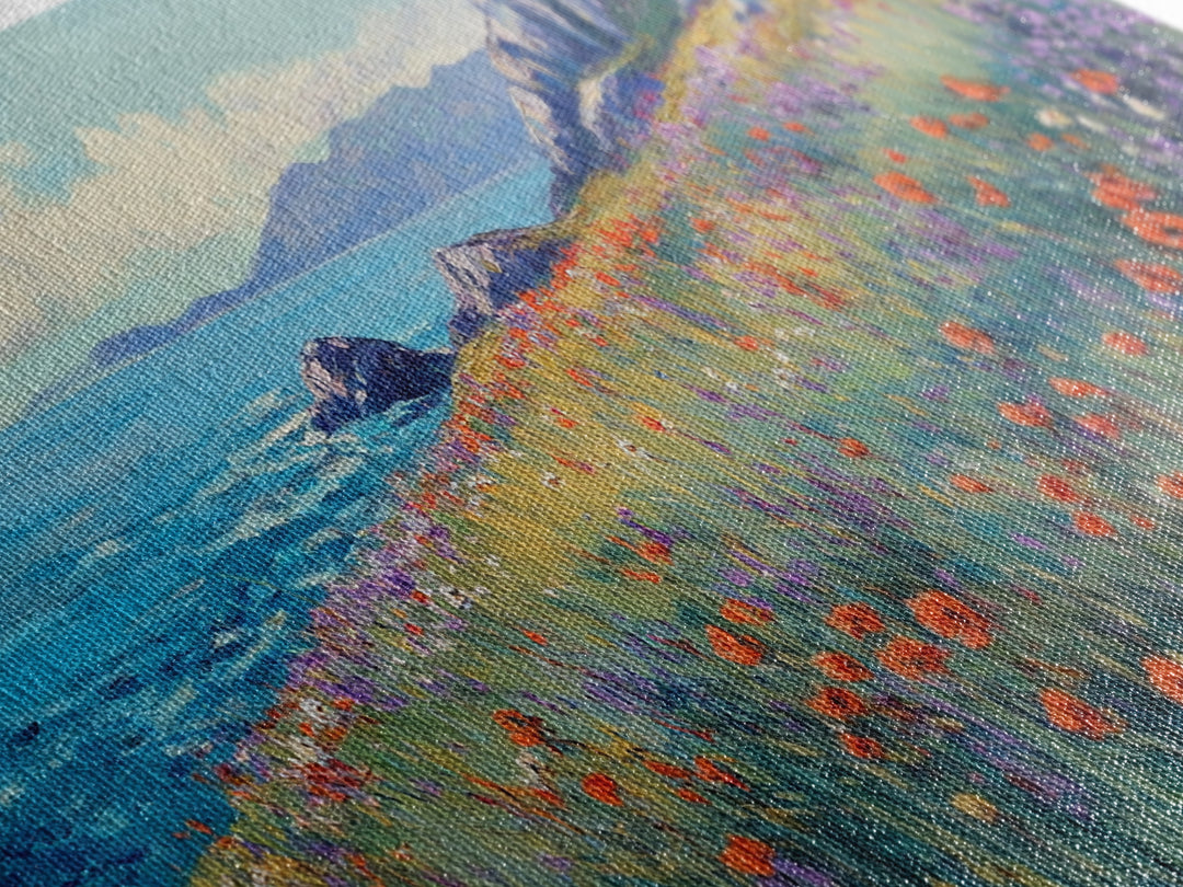 Coastal Wildflower Art, Framed Canvas Print, Poppy Wall Art, Coastal Landscape Art, Seascape Painting, Extra Wide Art, Above Couch Art